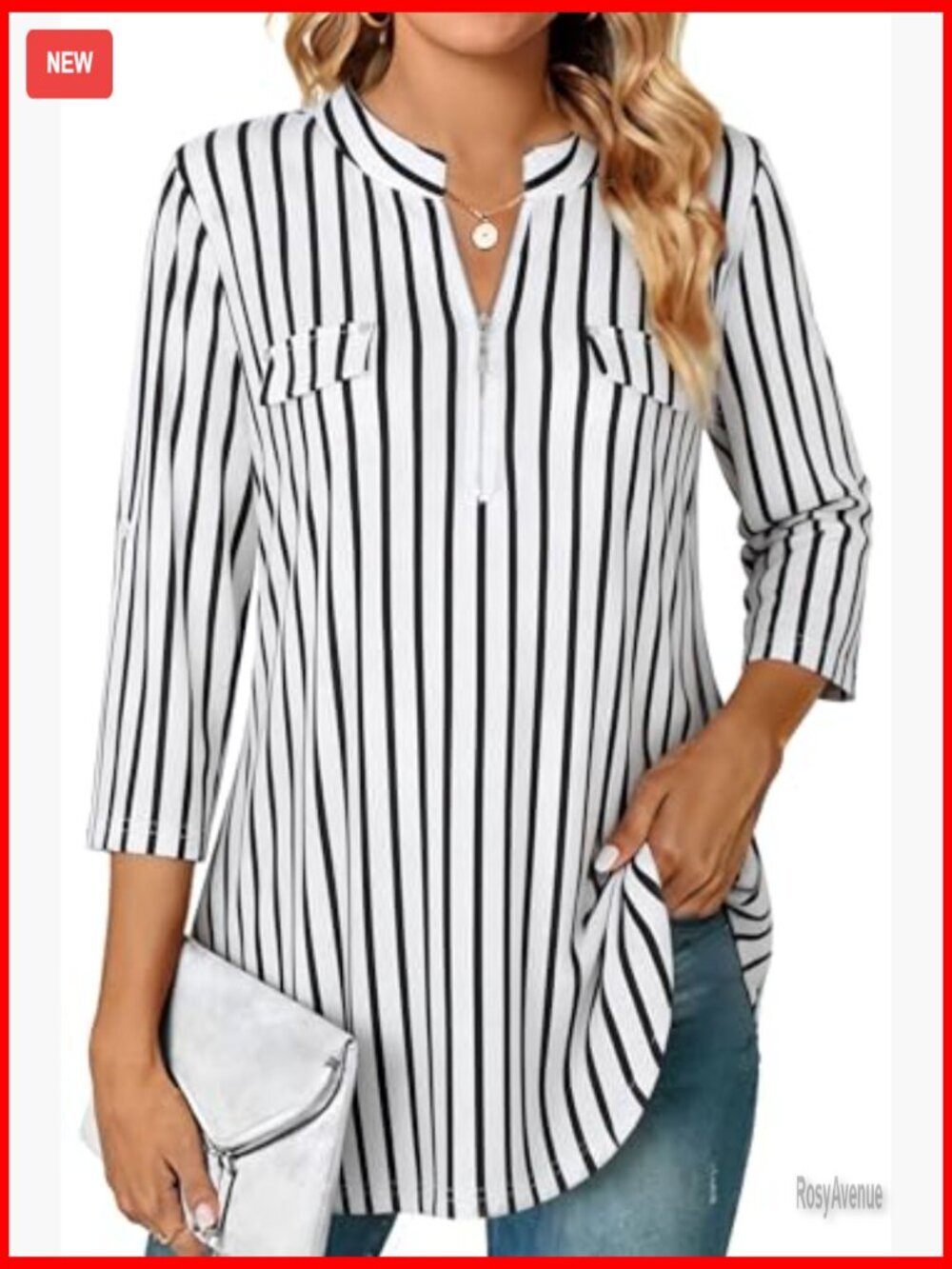 3/4 Sleeve Zip Plaid Tunic Blouse Womens Casual Tops - Picture 4 of 7